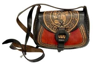 Vintage Leather Crossbody Bag Handmade in Mexico - Red Beige Black - Mint Cond!
